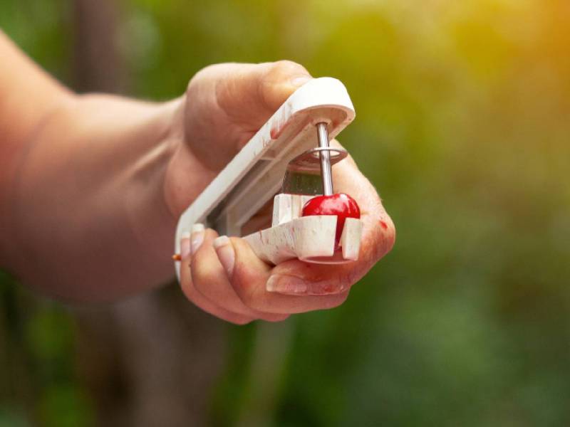 Kirschen entkernen: Eine Hand entkernt eine Kirsche mit einem Kirschentkerner.