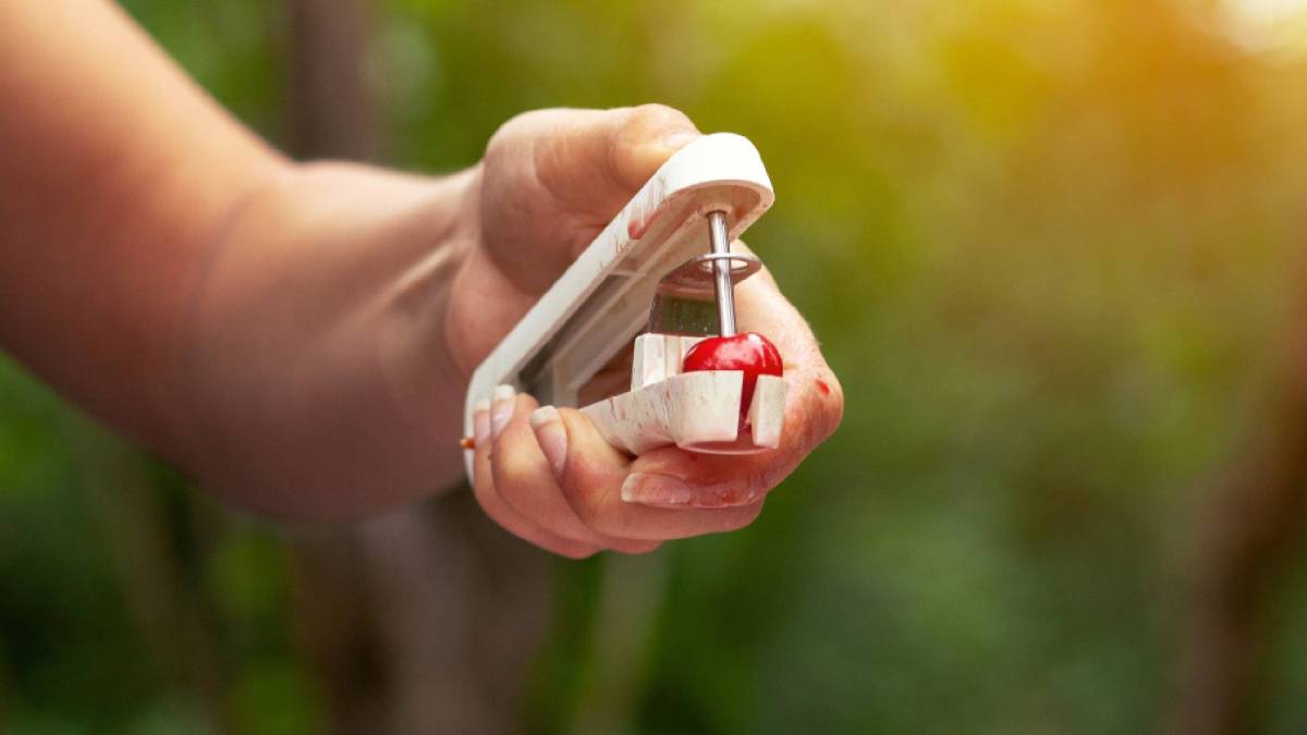 Kirschen entkernen: Eine Hand entkernt eine Kirsche mit einem Kirschentkerner.