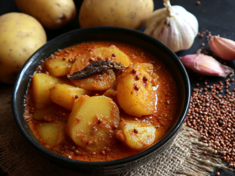 Eine Schale Knoblauch-Kartoffel-Curry mit schwarzen Senfsamen. Daneben liegen einige Zutaten wie Knoblauch und Kartoffeln.