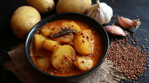 Eine Schale Knoblauch-Kartoffel-Curry mit schwarzen Senfsamen. Daneben liegen einige Zutaten wie Knoblauch und Kartoffeln.