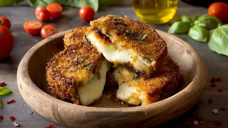 Eine Holzschüssel mit einigen knusprigen Auberginen-Päckchen. Ringsum sind Cherrytomaten, frisches Basilikum sowie ein Glasgefäß mit Olivenöl zu erkennen.