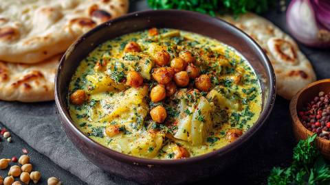 Schale mit Kohlrabi-Curry und Naan-Brot.