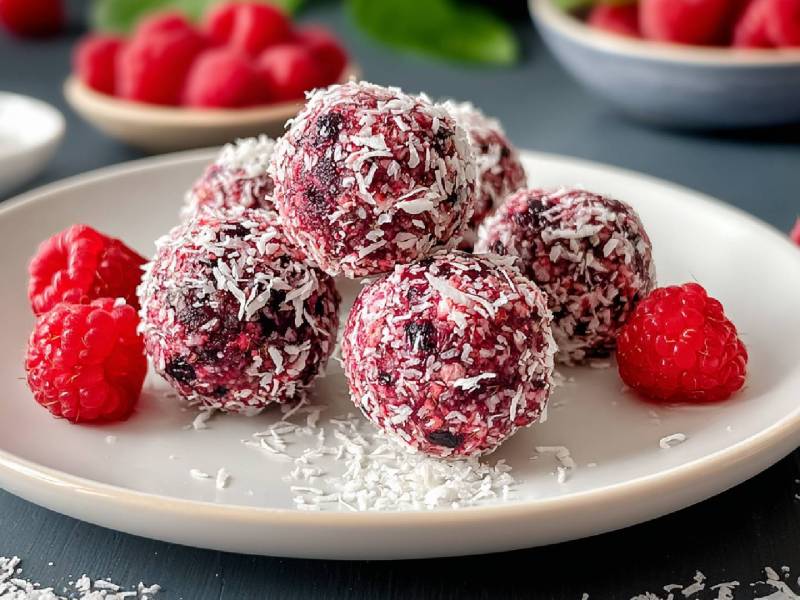 Teller mit Kokos-Himbeer-Energy-Balls und frischen Himbeeren