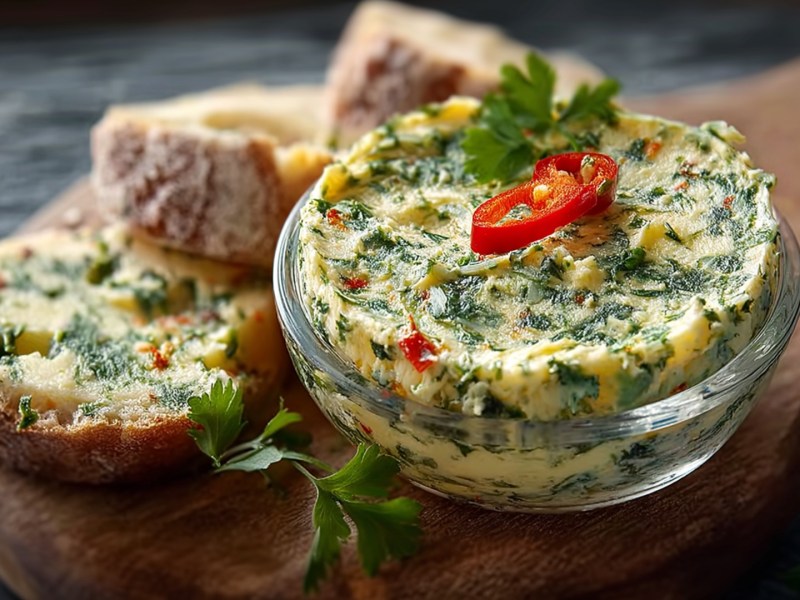 Eine kleine Glasschale mit Koriander-Chili-Butter, die mit etwas frischem Koriander und Chili dekoriert ist. Neben der Butter liegen einige Scheiben Brot. Eine ist mit der Butter bestrichen.