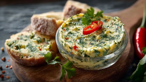 Eine kleine Glasschale mit Koriander-Chili-Butter, die mit etwas frischem Koriander und Chili dekoriert ist. Neben der Butter liegen einige Scheiben Brot. Eine ist mit der Butter bestrichen.