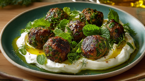 Kräuter-Hackbällchen auf einem Joghurt-Tahini-Dip.