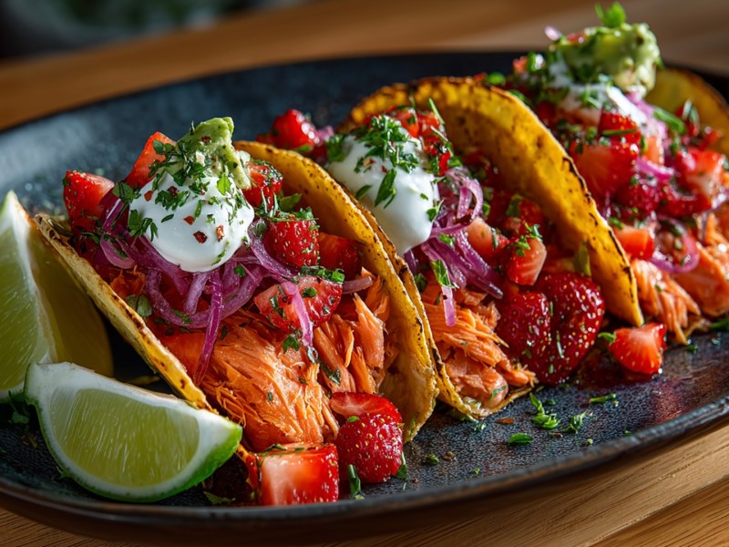 Ein Teller mit drei Lachs-Tacos, die mit Erdbeer-Salsa, eingelegten roten Zwiebeln und Sour Cream getoppt sind. Neben den Tacos liegen zwei Limettenstücke.