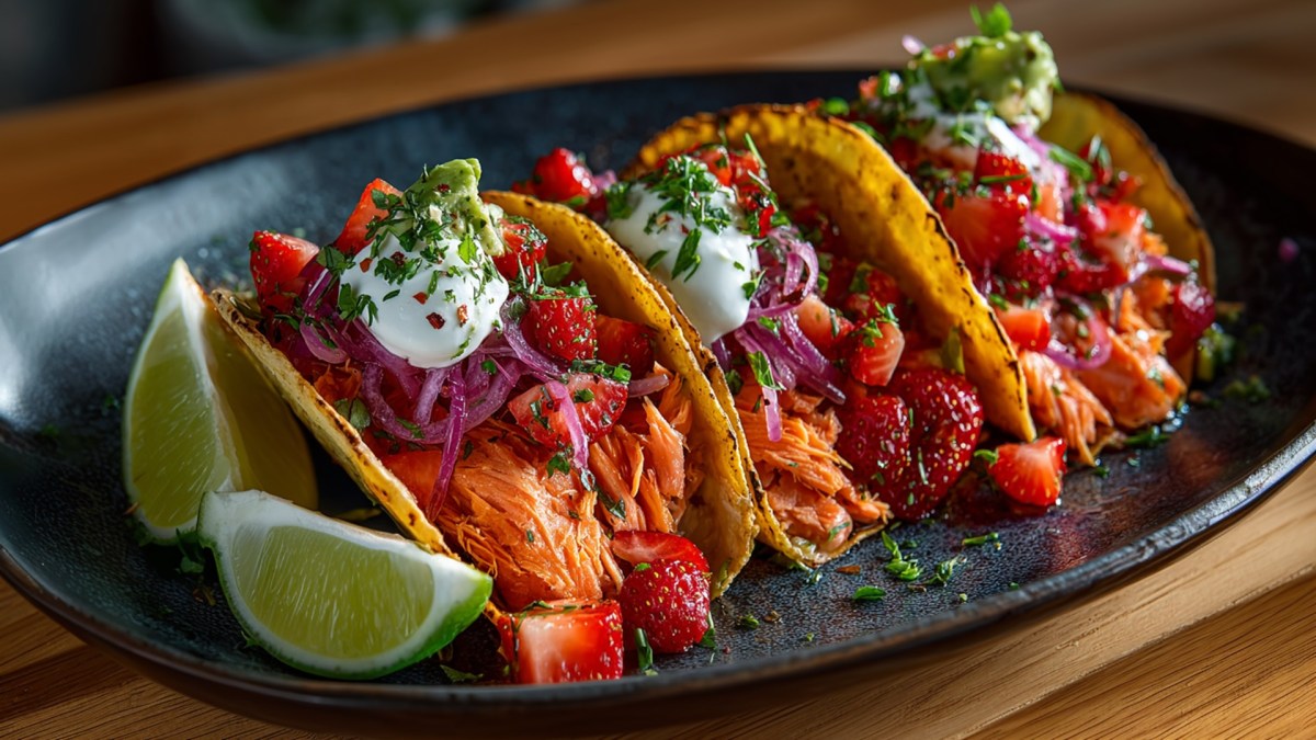 Ein Teller mit drei Lachs-Tacos, die mit Erdbeer-Salsa, eingelegten roten Zwiebeln und Sour Cream getoppt sind. Neben den Tacos liegen zwei Limettenstücke.