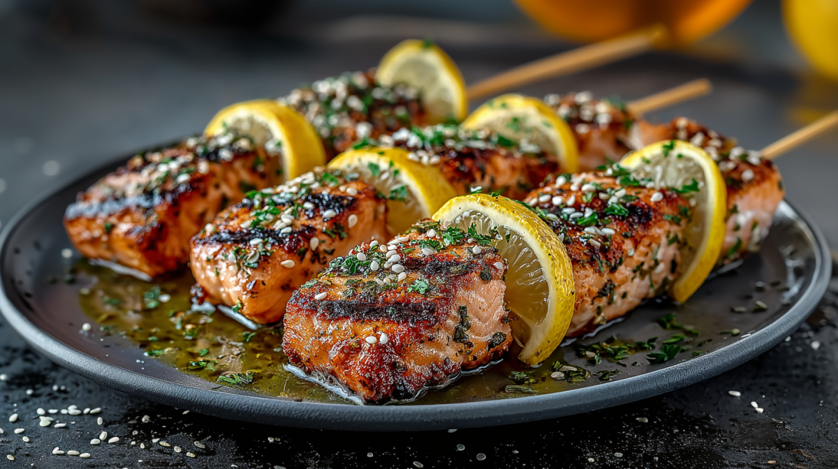 Drei Lachsspieße vom Kontaktgrill liegen auf einem grauen Teller. Sie sind mit Gewürzen und Öl serviert. Die Lachsspieße sind mit Zitronen zubereitet.
