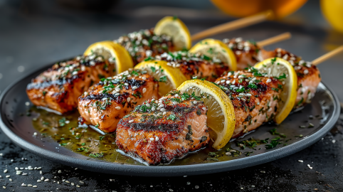 Drei Lachsspieße vom Kontaktgrill liegen auf einem grauen Teller. Sie sind mit Gewürzen und Öl serviert. Die Lachsspieße sind mit Zitronen zubereitet.