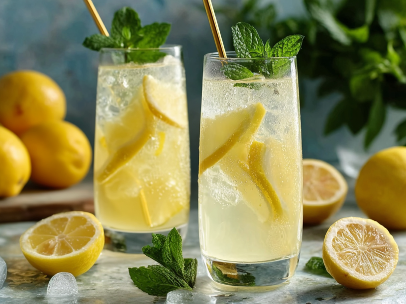 Zwei Gläser mit Lillet Lemon, daneben einige aufgeschnittene Zitronen als Deko und Eiswürfel. Im Hintergrund sind Zitronen zu sehen.