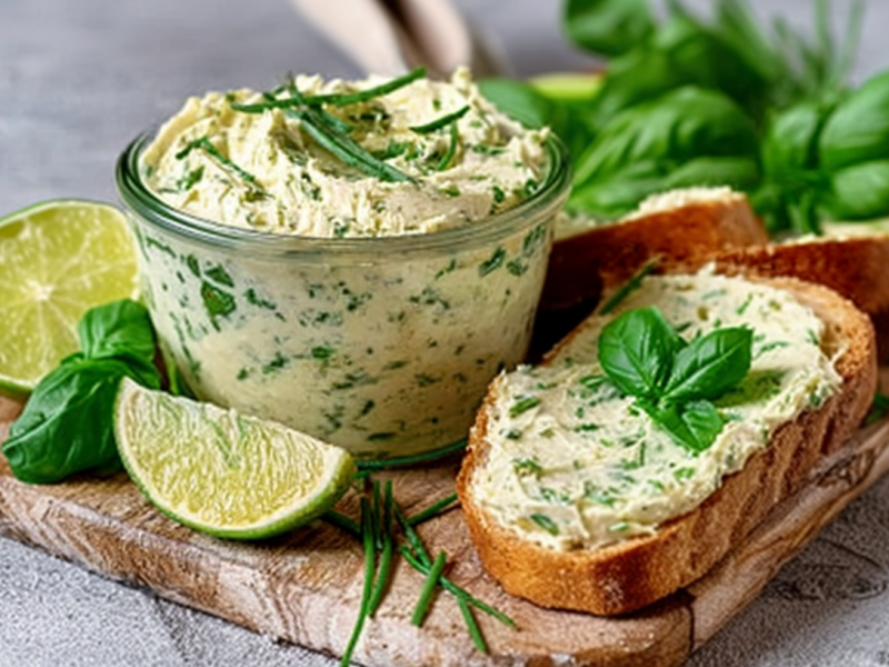 Limetten-Basilikum-Butter, angerichtet in einem kleinen Gläschen. Daneben liegt eine Scheibe mit der Butter. Limetten und Basilikum als Deko daneben.