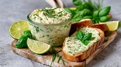 Limetten-Basilikum-Butter, angerichtet in einem kleinen Gläschen. Daneben liegt eine Scheibe mit der Butter. Limetten und Basilikum als Deko daneben.