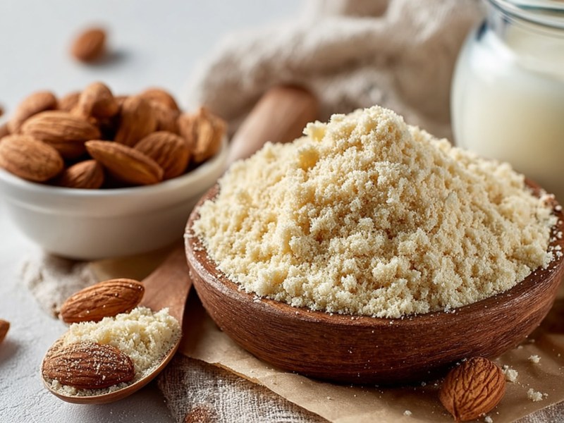 Eine Holzschale, die gehäuft mit selbst gemachtem Mandelmehl gefüllt ist. Im Hintergrund steht ein Glasgefäß mit selbst gemachter Mandelmilch. Außerdem ist eine weiße Schale mit braunen Mandeln zu sehen, sowie ein Holzlöffel, auf dem Mandelmehl und Mandeln liegen.