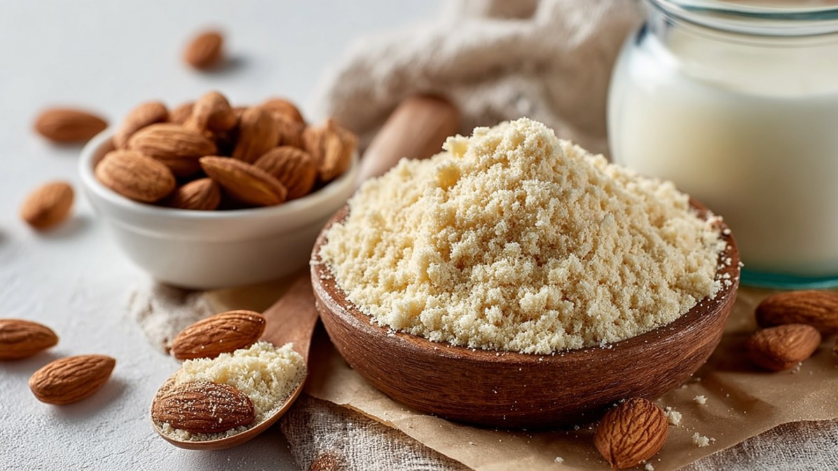 Eine Holzschale, die gehäuft mit selbst gemachtem Mandelmehl gefüllt ist. Im Hintergrund steht ein Glasgefäß mit selbst gemachter Mandelmilch. Außerdem ist eine weiße Schale mit braunen Mandeln zu sehen, sowie ein Holzlöffel, auf dem Mandelmehl und Mandeln liegen.