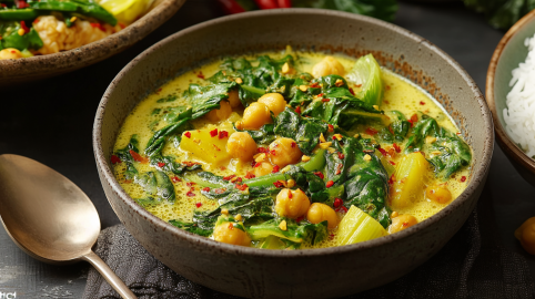 Eine Schale Mangold-Curry mit Kichererbsen.