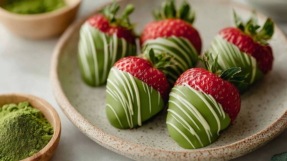 Teller mit Matcha-Erdbeeren