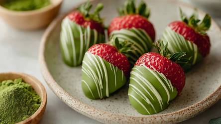 Teller mit Matcha-Erdbeeren