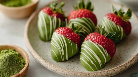 Teller mit Matcha-Erdbeeren