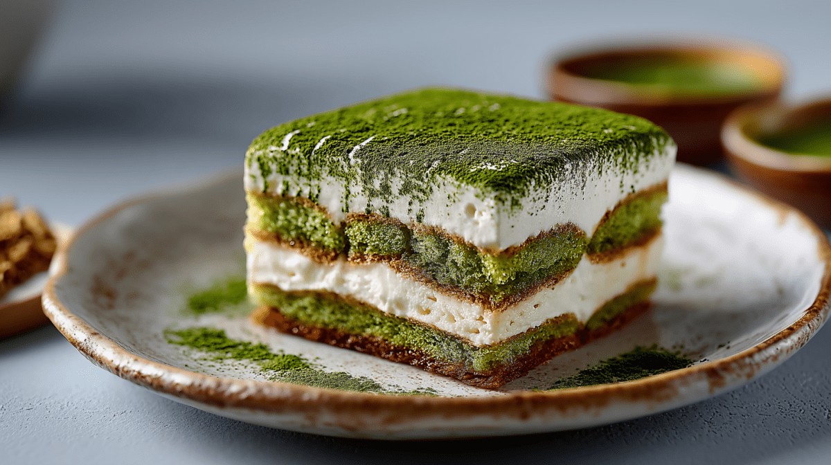 Ein Stück Matcha-Tiramisu auf einem grauen Teller. Im Hintergrund stehen zwei Schalen mit Matcha-Pulver.