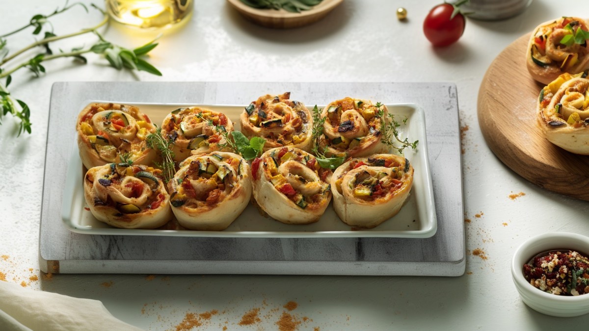 Eine Servierplatte mit einigen mediterranen Gemüseschnecken. Die Platte steht auf einem hellen Brett. Rechts daneben auf einem Holzbrett liegen weitere Gemüseschnecken. Ringsum sind frische Kräuter und Gewürze zu sehen.