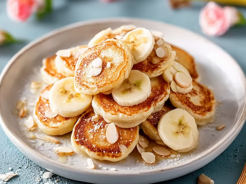 Ein Teller mit Mini-Bananen-Pancakes, dekoriert mit Bananenscheiben und Mandelblättchen.