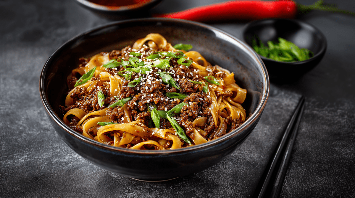 Eine Schüssel mit mongolischer Hackfleisch-Pasta auf einer grauen Arbeitsplatte. Neben der Schale liegen zwei Essstäbchen. Im Hintergrund sieht man eine Chilischote sowie eine kleine Schale Frühlingszwiebeln.