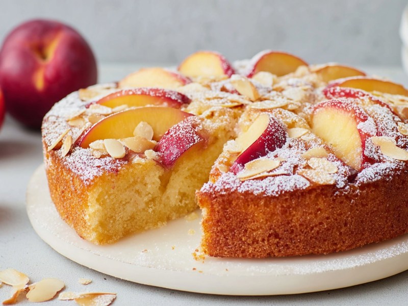 Ein weißes rundes Brett, auf dem ein angeschnittener runder Nektarinen-Buttermilch-Kuchen platziert ist. Der Kuchen ist mit Puderzucker bestäubt. Im Hintergrund sind ganze und halbe Nektarinen zu sehen. Im Vordergrund liegen einige Mandelblättchen herum.