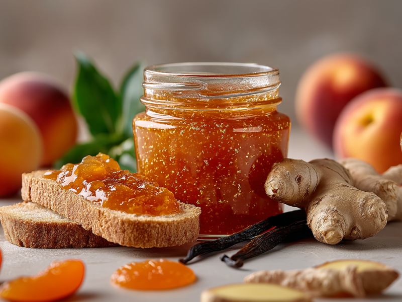 Ein Glas Nektarinen-Marmelade auf einem grauen Untergrund. Um das Glas verteilt liegt frischer Ingwer, zwei Vanilleschoten und zwei Brotscheiben. Die obere Scheibe ist mit Nektarinen-Marmelade bestrichen. Im Hintergrund liegen einige Pfirsiche.