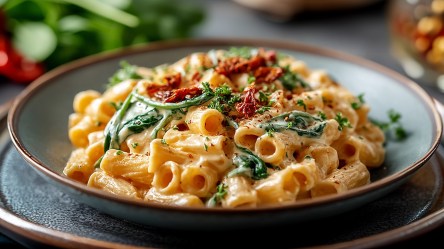 Ein großer Teller mit einer Portion Nudeln in cremiger Tofu-Soße.