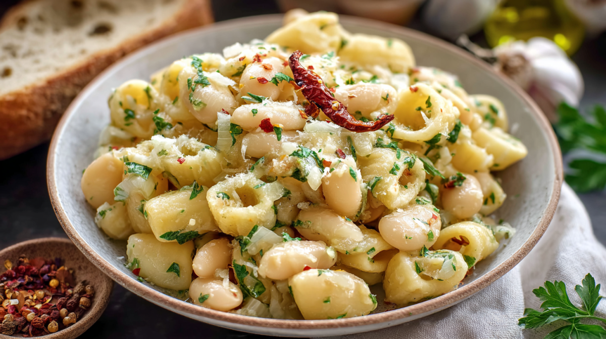 Ein Teller Nudeln mit Knoblauchbohnen und Chili.