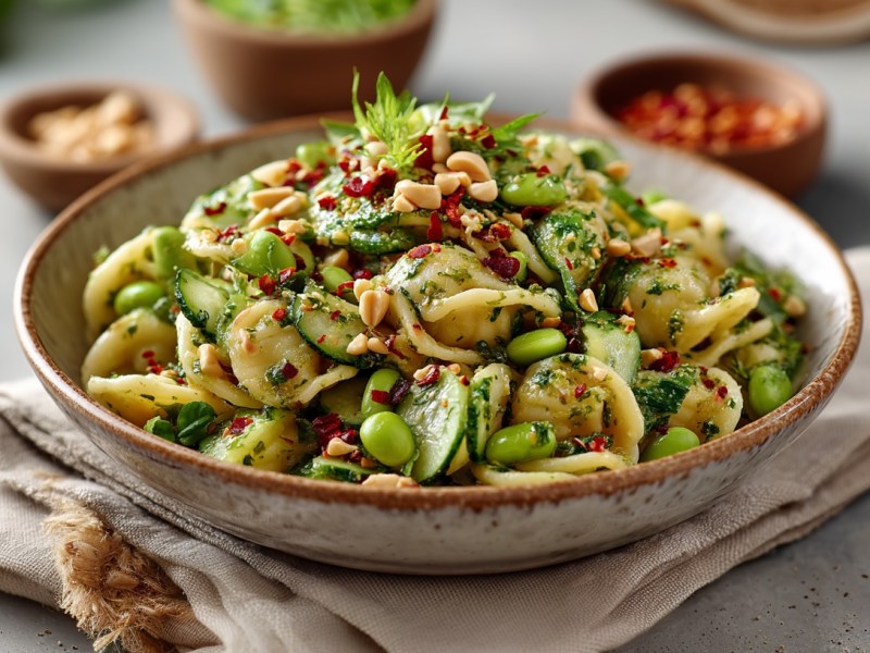 Eine Schüssel Nudelsalat mit Erdnussdressing, Gurke, Edamame und Chiliflocken, daneben einige Zutaten.