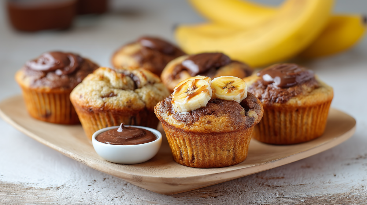 Nutella-Bananen-Muffins, serviert auf einem Teller. Daneben steht ein kleines Schälchen mit Nutella.