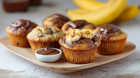 Nutella-Bananen-Muffins, serviert auf einem Teller. Daneben steht ein kleines Schälchen mit Nutella.
