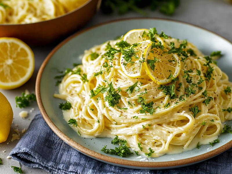 Ein Teller mit cremiger One Pot Lemon Pasta, garniert mit Zitronenscheiben und frischer Petersilie. Zitronen liegen neben dem Teller, im Hintergrund ist ein Topf zu sehen.