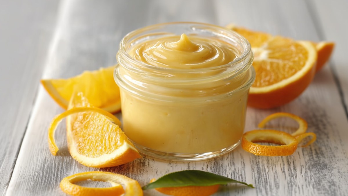 Ein Glas Orangenkaramell-Aufstrich mit frischen Orangen daneben.