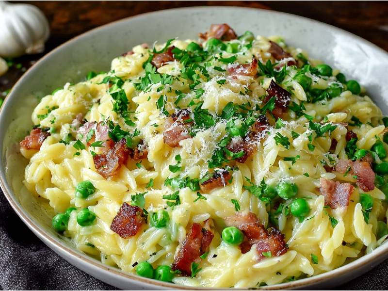 Schale mit Orzopfanne mit Erbsen und Speck