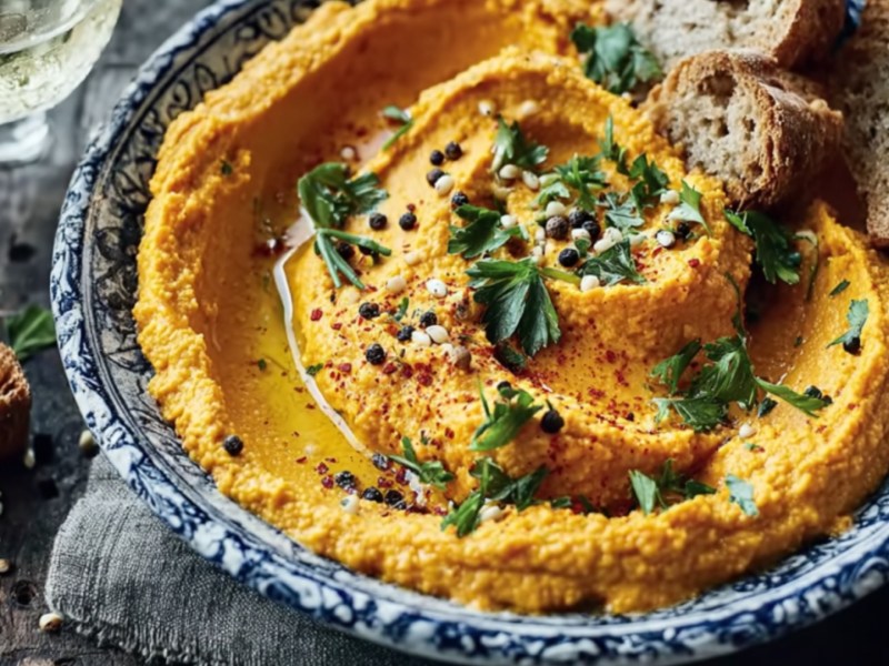Paprika-Aprikosen-Hummus in einer Schale.