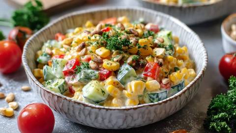 Schale mit Paprika-Mais-Salat auf einem Tisch