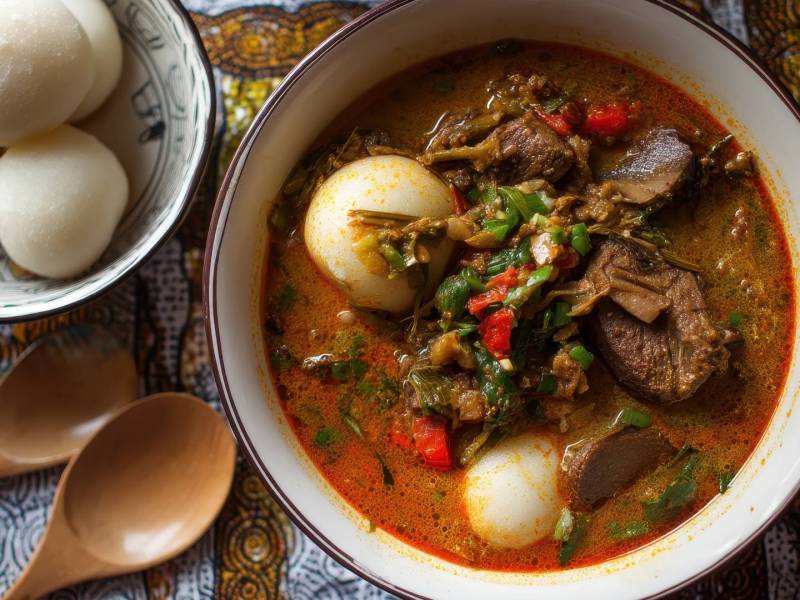 Eine Schüssel Peppersoup, nigerianische Pfeffersuppe, serviert mit Fufu.