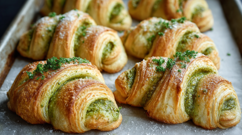 Pesto-Croissants auf einem mit Backpapier ausgeschlagenen Backblech.