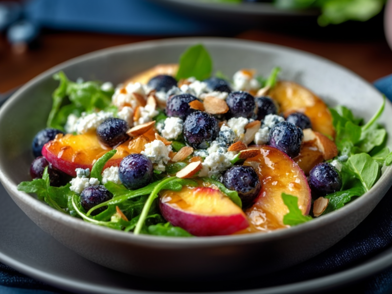 Pfirisch-Blaubeer-Feta-Salat, serviert in einem tiefen Teller. Steht auf einem zweiten Teller und einer Serviette.