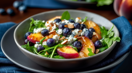 Pfirisch-Blaubeer-Feta-Salat, serviert in einem tiefen Teller. Steht auf einem zweiten Teller und einer Serviette.