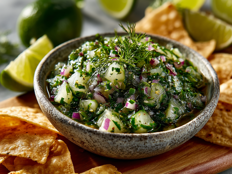 Eine Schale Pickle de gallo auf einem Holzbrett. Daneben liegen mehrere Nachos. Im Hintergrund sieht man Limettenspalten.