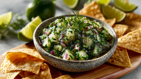 Eine Schale Pickle de gallo auf einem Holzbrett. Daneben liegen mehrere Nachos. Im Hintergrund sieht man Limettenspalten.