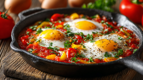 Eine Gusseisenpfanne mit Piperade. Drum herum liegen frische Zutaten.