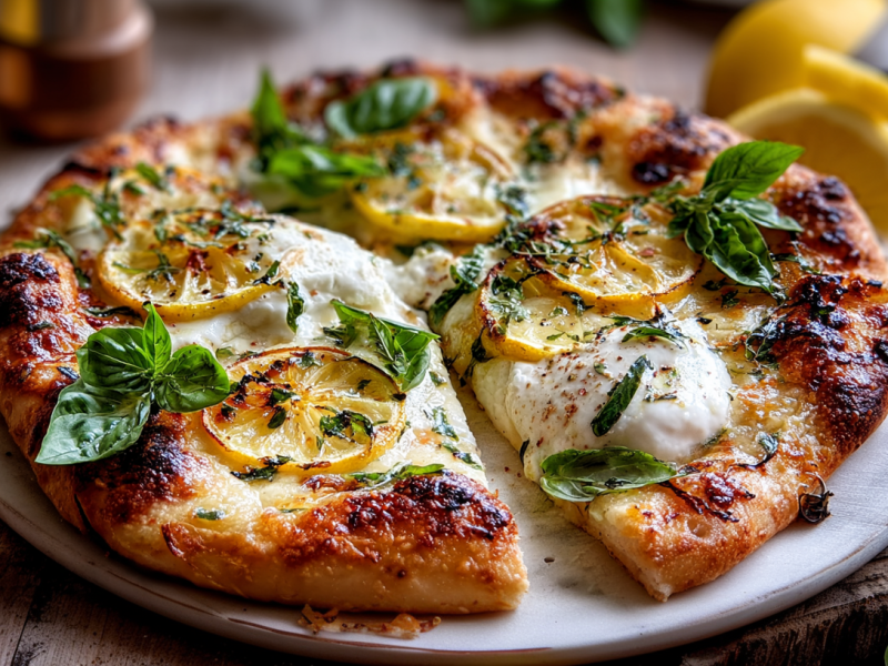 Pizza Bianca mit Zitronen und Burrata auf einem Pizzateller.