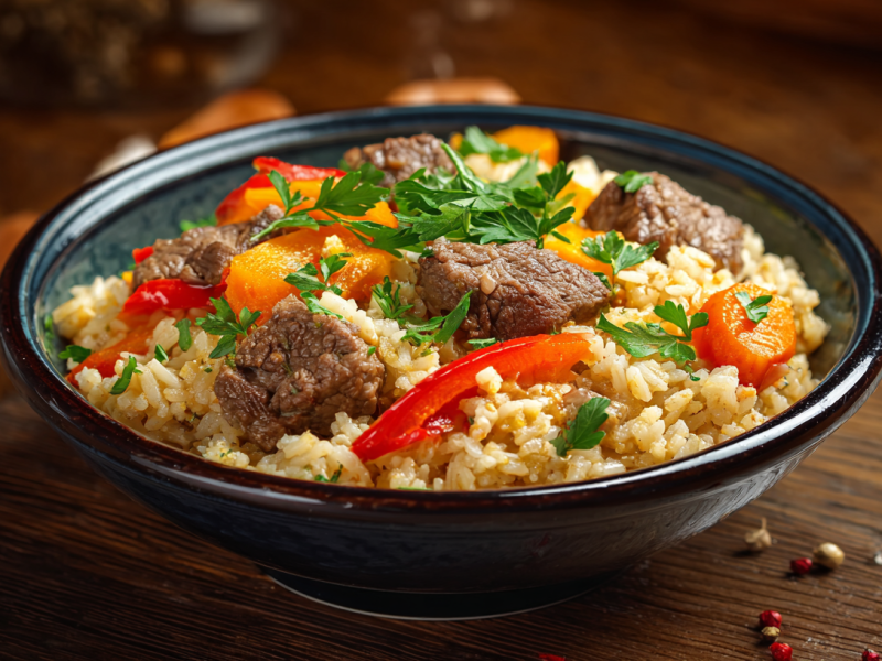 Eine Schüssel Plov steht auf einem Holztisch. Darum verteilt liegen einige Zutaten, wie Pfefferkörner und eine Knoblauchzehe.