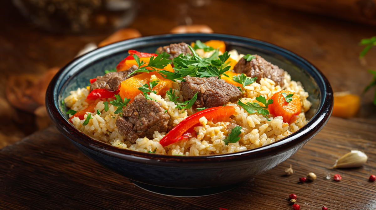 Eine Schüssel Plov steht auf einem Holztisch. Darum verteilt liegen einige Zutaten, wie Pfefferkörner und eine Knoblauchzehe.