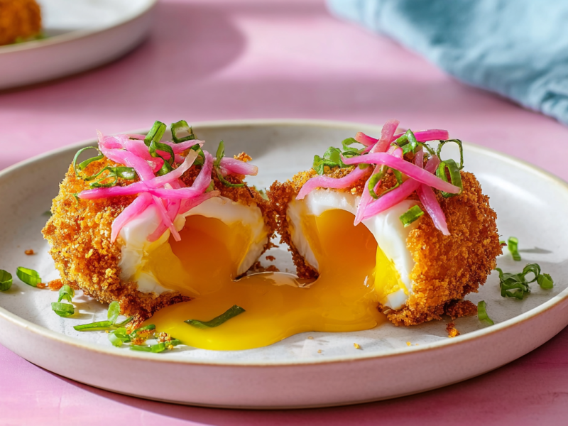 Pochierte Eier in Panko-Knusperpanade auf einem hellen Teller, garniert mit eingelegten roten Zwiebeln.